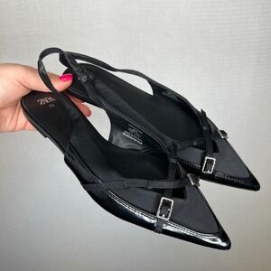 Zara Black Pointed Toe Buckle Slingback Flats 3540/310/800 Womens Size 39 US 8